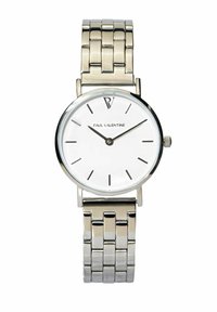 Silver Paul Valentine wristwatch with a white face, minimalist hour markers, and metal link strap showing time at 9:10:08.