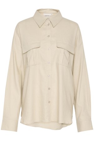 Beige long-sleeve shirt featuring a pointed collar, two chest pockets, and button-up front. Soft, textured fabric with a relaxed fit.