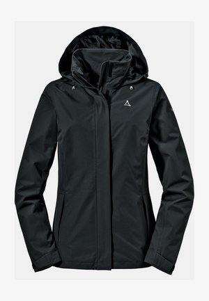 Schwarze wasserdichte Jacke mit Kapuze, aus glattem Stoff gefertigt. Verfügt über Reißverschlusstaschen und dezentes Logo-Detail auf der Brust.