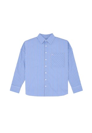 Blauw gestreepte overhemden met lange mouwen, knoopsluiting en een borstzak. Heeft smalle verticale strepen in verschillende tinten blauw.