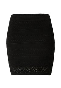 Schwarzer Strickrock mit einem strukturierten Muster, das horizontale Linien und Rautenformen am Saum aufweist. Elastischer Taillenbund für einen figurbetonten Look.