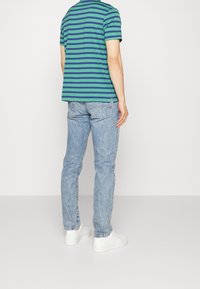 Zeleno-modré pruhované tričko s krátkým rukávem, v kombinaci se světlými džíny a bílými teniskami. Minimalistický design, standardní střih, měkká tkanina.