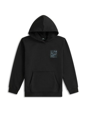 Zwarte capuchonsweater met voorzak en kleine blauwe ruimte-thema grafiek met de tekst "O'Neill" op de borst.
