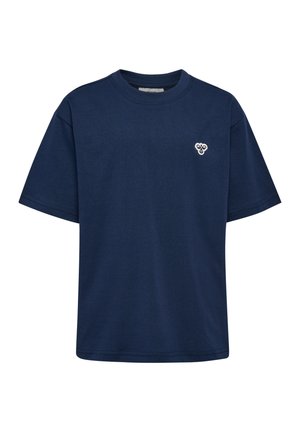 Marineblauwe katoenen T-shirt met korte mouwen, ronde hals en een klein wit logo op de linkerkant van de borst. Zachte textuur, ontspannen pasvorm.