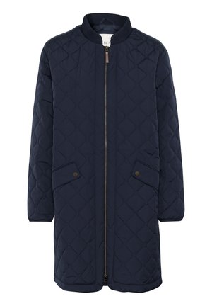 Cappotto lungo imbottito blu navy con scollatura tonda, cerniera frontale e tasche laterali. Caratterizzato da un motivo testurizzato e polsini a costine.