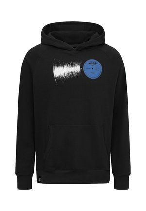 Black hoodie made of cotton blend featuring a graphic of a vinyl record with a blue label on the chest and a front pocket.