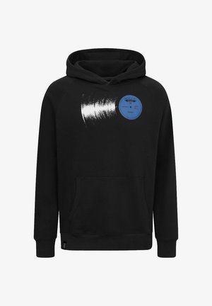 Schwarzer Hoodie aus Baumwollmischung mit einem Grafikdruck eines Vinyl-Schallplattens mit blauer Beschriftung auf der Brust und einer Fronttasche.