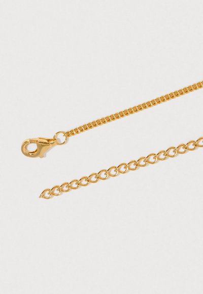 Colar de corrente dourada com fecho de lagosta e elos extensores ajustáveis sobre um fundo branco.