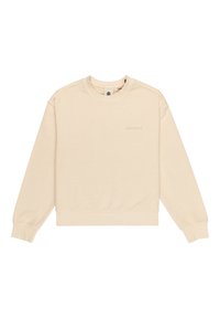 Beiger Pullover mit Rundhalsausschnitt, langen Ärmeln und gerippten Bündchen. Besitzt ein dezentes Logo auf der Vorderseite und eine lockere Passform. Weiches Stoffgefühl.