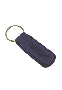 Navy Leder-Schlüsselanhänger mit kontrastierendem Stich und geprägtem "VENEZIA"-Logo, befestigt an einem runden Metallring.