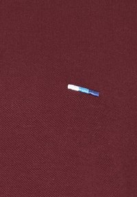 Petit logo brodé avec des rayures blanches, bleu clair et bleu foncé sur un tissu texturé bordeaux.