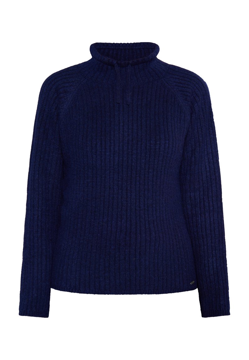 Maglione navy a coste con colletto alto, maniche lunghe e tessuto testurizzato. Presenta una vestibilità rilassata e un sottile marchio all'orlo.