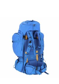 Sac à dos de randonnée bleu avec plusieurs compartiments, bretelles rembourrées et panneau arrière en mesh. Dispose de bretelles réglables et de coutures renforcées.