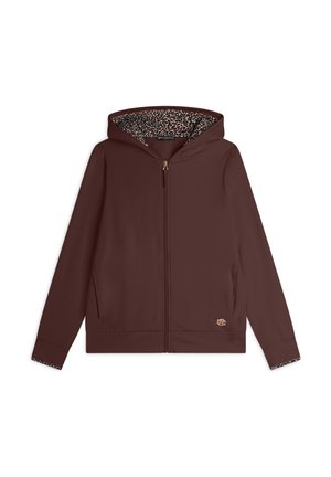 Felpa marrone con zip e fodera interna a stampa leopardata. Presenta un design minimale, maniche lunghe e un piccolo emblema sul davanti.