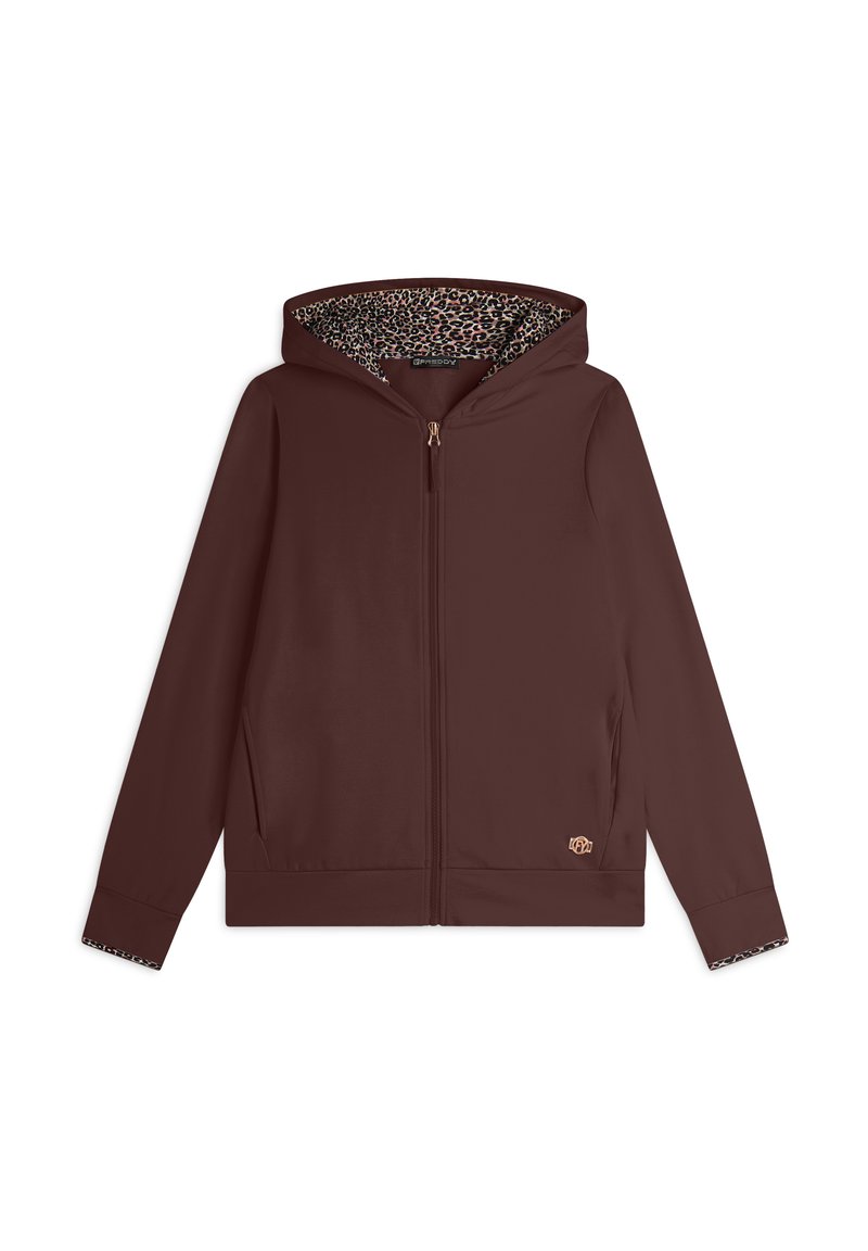 Hoodie zippé marron avec une doublure intérieure en imprimé léopard. Il présente un design minimal, des manches longues et un petit emblème sur le devant.