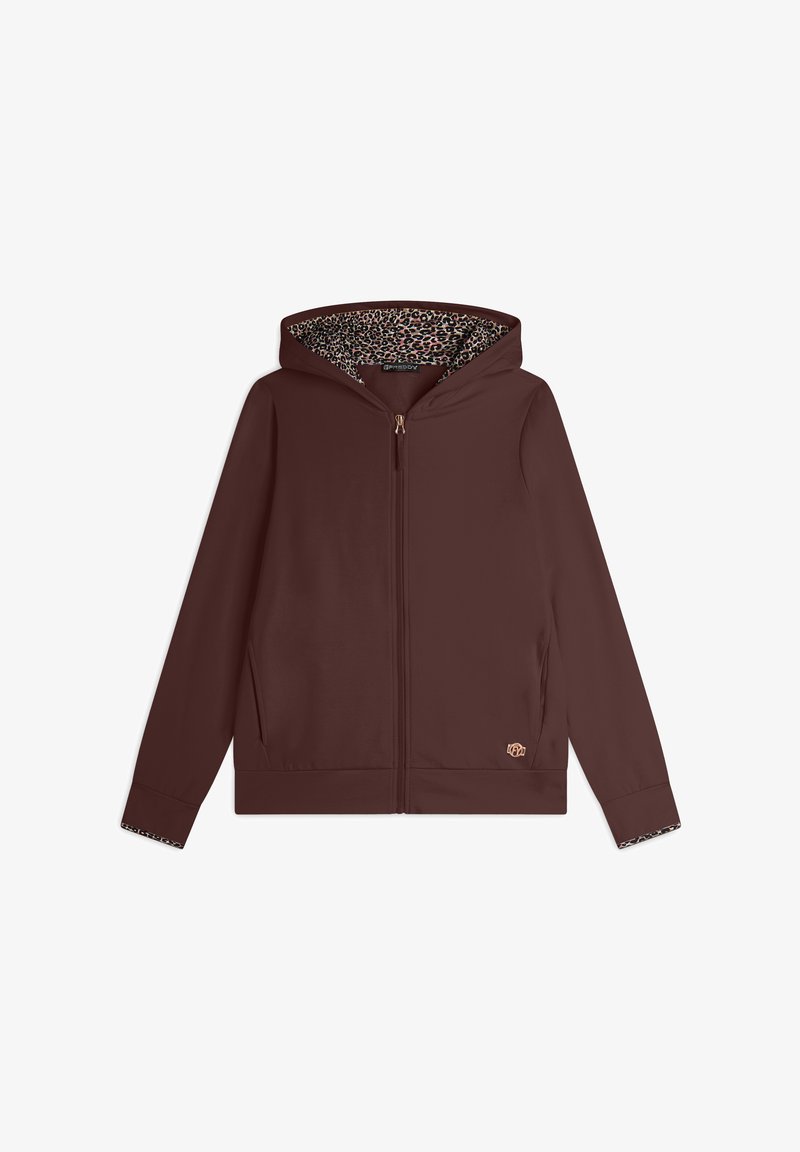 Hoodie zippé marron avec une doublure intérieure en imprimé léopard. Il présente un design minimal, des manches longues et un petit emblème sur le devant.