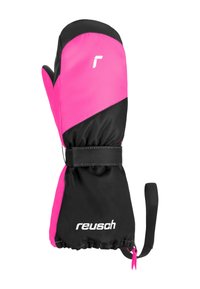Reusch-Fäustlinge mit einem rosa-schwarzen Design, einer strukturierten Außenseite, elastischem Handgelenksbündchen und einem Riemen für einen sicheren Sitz.