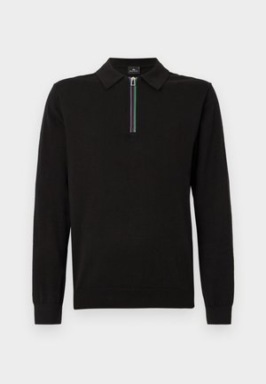 Black long-sleeve polo shirt with a collar and a front zipper featuring a multicolored accent. Made of soft, smooth fabric.