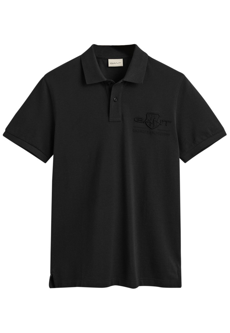 Schwarzes Polohemd aus Baumwolle mit einer Knopfleiste mit drei Knöpfen, kurzen Ärmeln und einem gestickten Logo auf der linken Brust.