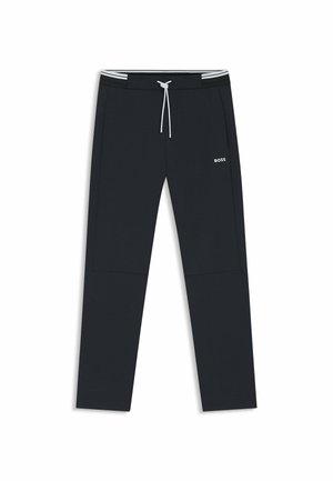 Dark navy sweatpants with an elastic waistband, white drawstring, and side pockets. Features a subtle white "BOSS" logo. Smooth texture.