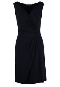 Robe portefeuille noire sans manches avec encolure en V et devant drapé, longueur genou, en tissu lisse.