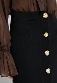 Schwarzer Rock mit einem strukturierten Taillenbund und dekorativen goldenen Löwenkopfknöpfen. Transparente braune Bluse mit Puffärmeln. Texturierte Stoffdetails.