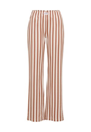 Pantaloni largi cu dungi maro și crem, cu talie elastică. Confecționați dintr-un material moale, cu dungi verticale și croială lejeră.