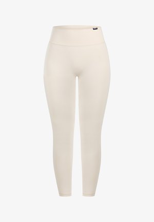 Beige legging met een hoge tailleband, gemaakt van rekbare stof. Gladde textuur zonder patronen of accenten, ontworpen voor een nauwsluitende pasvorm.