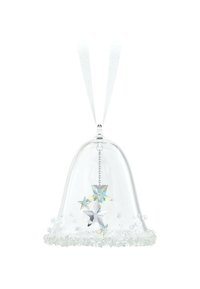 Adorno de campana de cristal transparente con un acabado liso, adornado con estrellas de cristal y una base de delicados cristales transparentes. Cinta blanca para colgar.