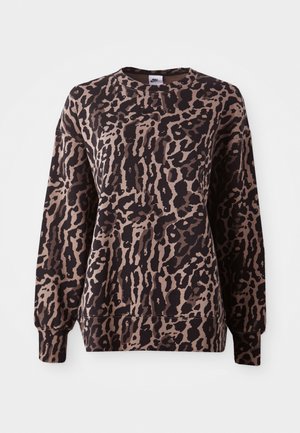 Brūns un melns leopardu raksts uz džempera, ar apaļu kakla izgriezumu un garām piedurknēm. Izgatavots no mīksta auduma ar teksturētu virsmu.
