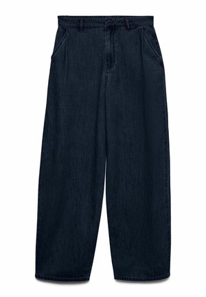 Pantalon en denim bleu foncé à jambes larges, avec poches latérales, passants pour ceinture et fermeture éclair à l'avant.