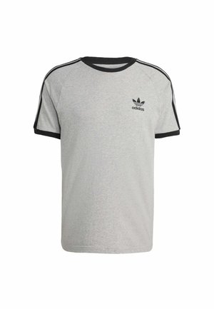 Gray cotton t-shirt with black accents, short sleeves, and a crew neck. Features adidas logo in black on the left chest and black stripes on sleeves.