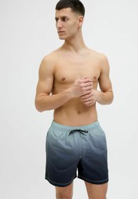 Pánske plavky v gradientnej farbe tyrkysovej až tmavomodrej, vyrobené z ľahkého materiálu. Majú elastický pás a šnúrku na stiahnutie.