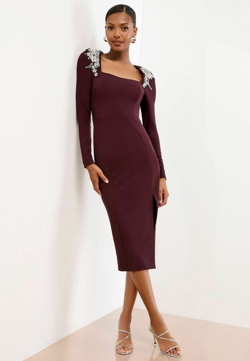 Wrap Midi Dress Long Sleeve Dresses Burgundy Lipsy EMBELLISHED SHOULDER  TRIM LONG SLEEVE BODYCON MIDI Cocktail