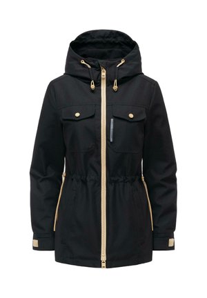 Czarna kurtka z kapturem, z beżowym zamkiem błyskawicznym i troczkami, przednie kieszenie z klapami oraz regulowany pas i mankiety.
