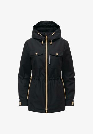 Sort hættejakke med beige lynlås og snore, frontlommer med klap samt justerbar talje og manchetter.