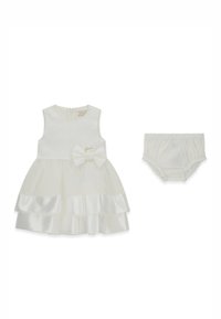 Weißes ärmelloses Kleid mit mehrlagigem Satinstoff-Rock, Schleifendetail und goldenem Logo. Inklusive passender weißer Bloomer.