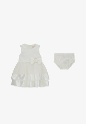 Weißes ärmelloses Kleid mit mehrlagigem Satinstoff-Rock, Schleifendetail und goldenem Logo. Inklusive passender weißer Bloomer.