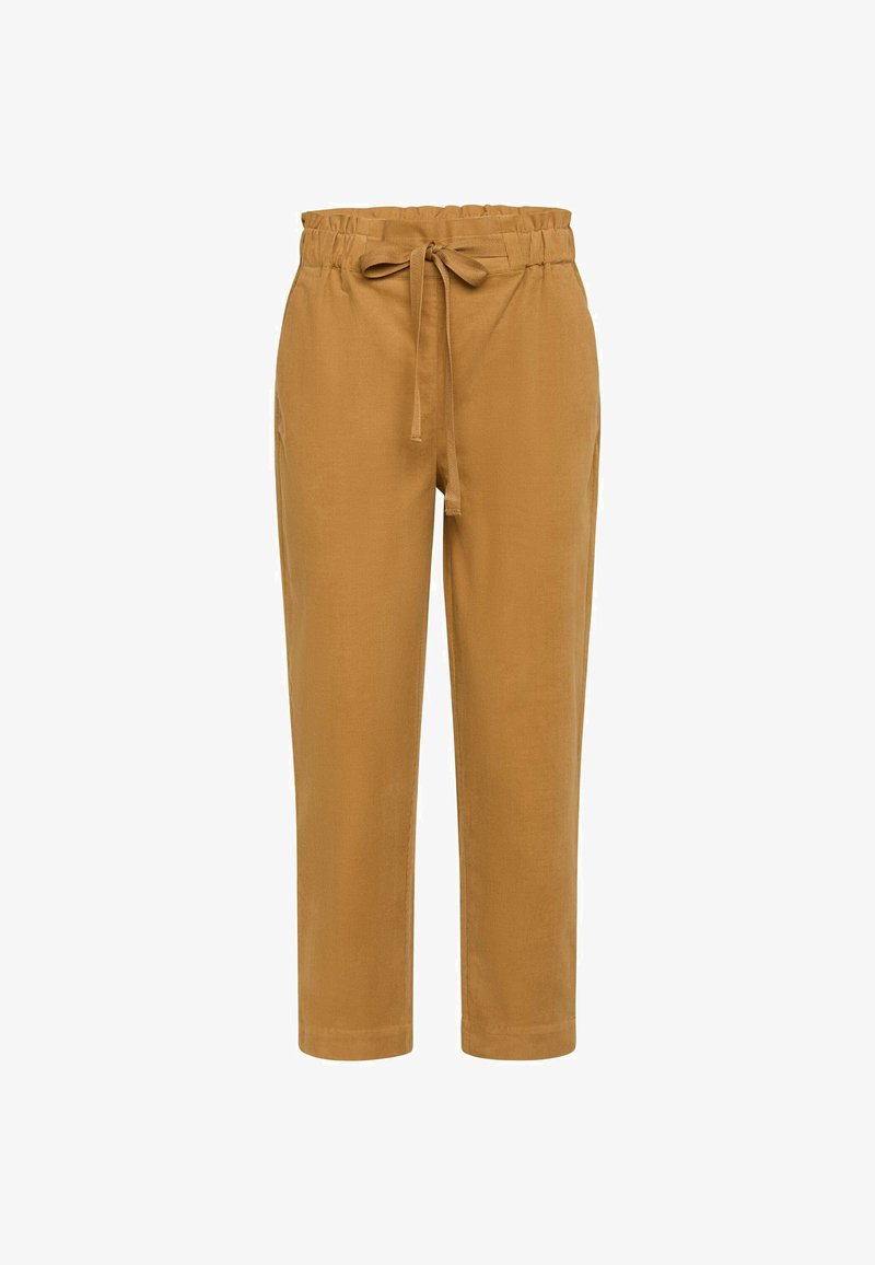 Pantalon marron clair fuselé avec taille élastique et cordon noué, conçu pour une coupe décontractée.