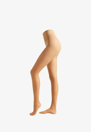 Beige, durchsichtige Strumpfhosen mit hohem Bund, glatter Textur und semi-transparentem Finish, die von der Taille bis zu den Zehen reichen.