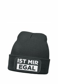 Black knitted beanie with a folded cuff. Features a rectangular patch displaying the text "IST MIR EGAL" in bold white letters on a black background.