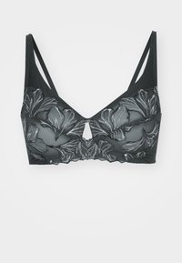 Black bra with floral lace detailing, sheer mesh fabric, and adjustable straps. Features a keyhole cutout at the center and scalloped edges.