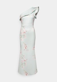 Yhden olkapään mekko vaaleansinisestä satiinista, jossa on vaaleanpunaisia ja vihreitä kukkakuoseja. Mekossa on röyhelökaulus ja istuva leikkaus.