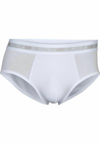 Hvide herreindershorts med en blød bæltelomme, der har "JBS UNDERWEAR" i grå. Lavet af letvægtsmateriale med en glat tekstur.