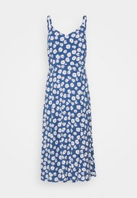 Robe florale bleue avec bretelles réglables, dotée d'un motif de marguerites en blanc et rose, au design évasé et en tissu doux.