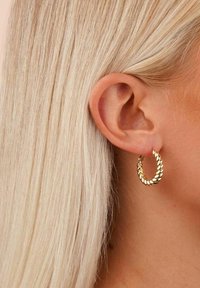 Goldene Creolen mit einem gedrehten Design, das eine glänzende Oberfläche und einen sicheren Verschluss aufweist, getragen am Ohr einer Person mit glattem, blonden Haar.