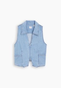 Colete de denim azul claro com fecho de correr à frente, colarinho largo e dois bolsos frontais. Apresenta um design curto e costuras limpas e minimalistas.