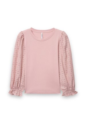 Top rose clair à manches longues avec manches bouffantes ajourées, poignets élastiques froncés, encolure ronde et tissu uni pour le corps.