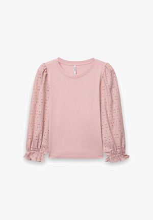 Top rose clair à manches longues avec manches bouffantes ajourées, poignets élastiques froncés, encolure ronde et tissu uni pour le corps.