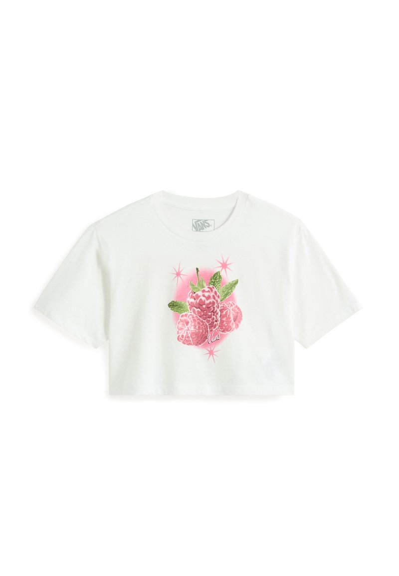 Camiseta corta blanca de algodón, con un gráfico de fruta rosa en el centro, adornado con hojas verdes y destellos. Mangas cortas.